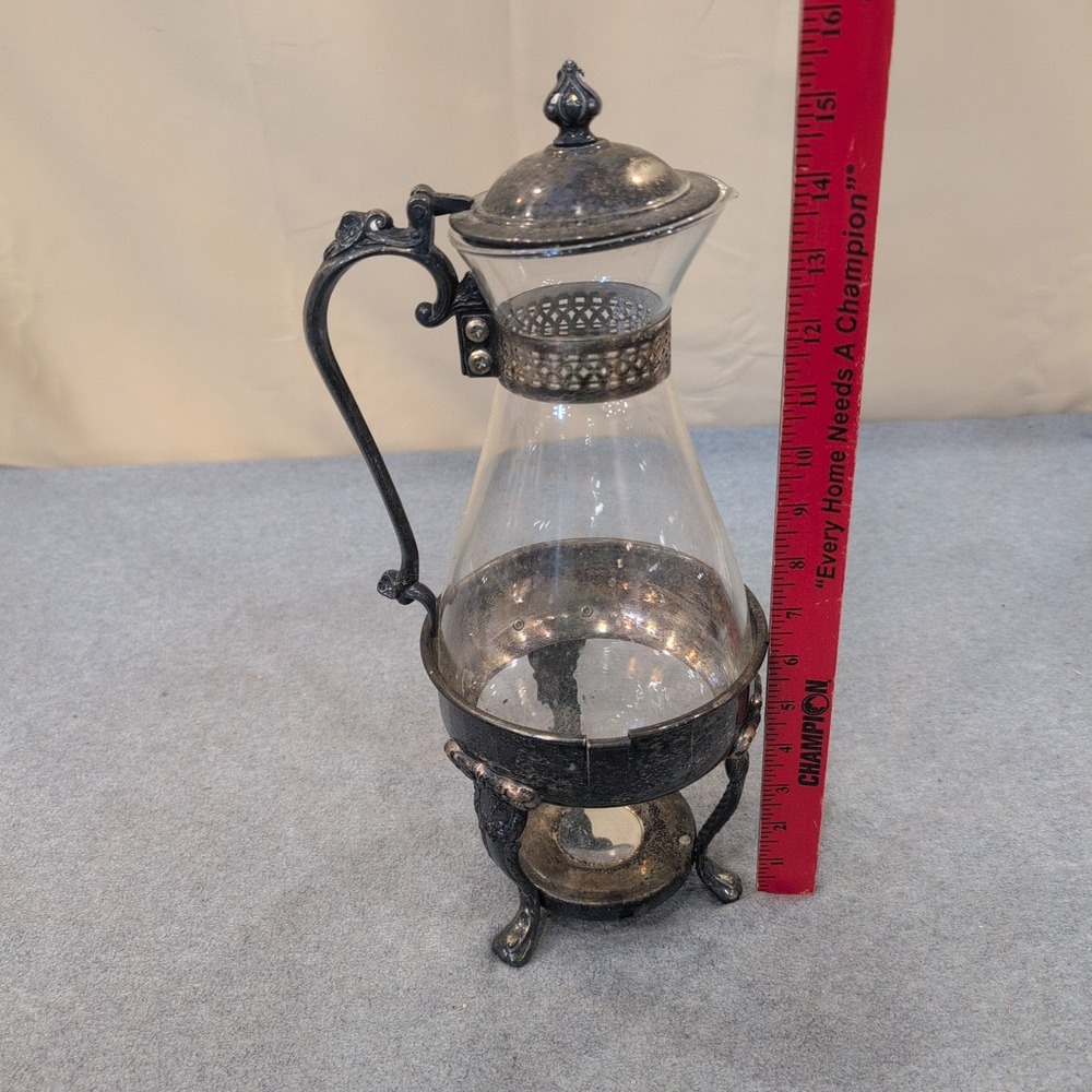 Sheridan Silver Plated Glass Carafe with Ornate Warming Stand Vintage Beverage - Picture 6 of 9